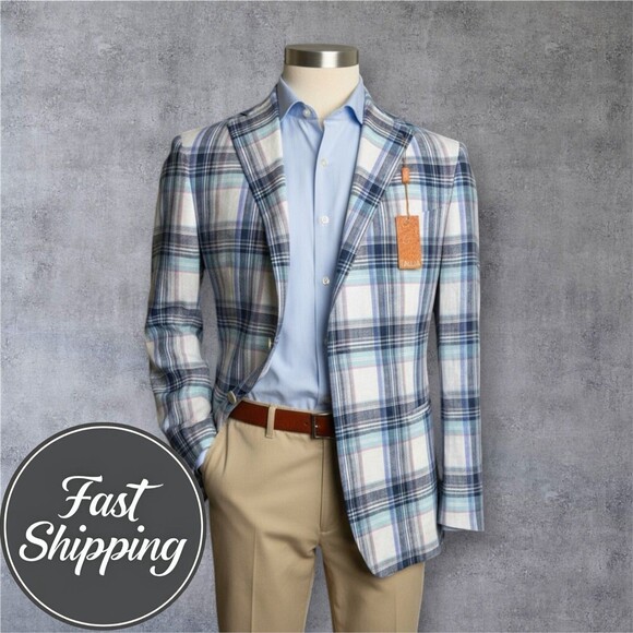 $295 TALLIA 48R Blue/Navy Glen Plaid Linen Blazer Sport Coat 2-Button Jacket - Picture 1 of 9